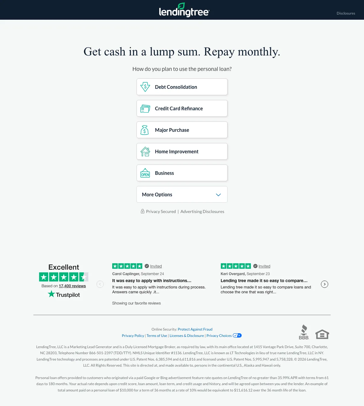 Financial landing page example from lendingtree.com