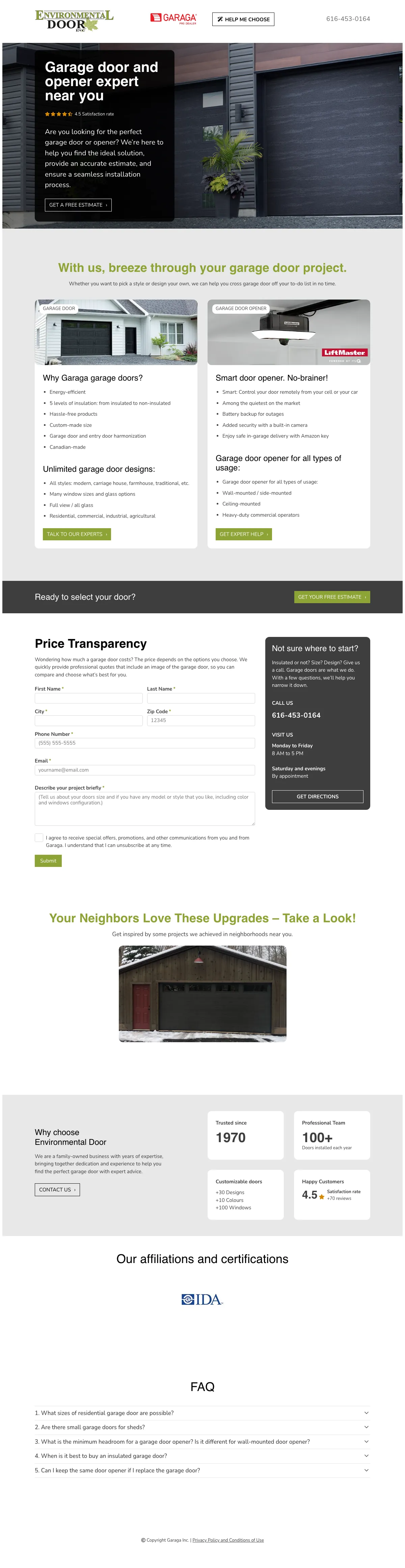 Garage Door landing page example from environmentaldoor.garaga.com