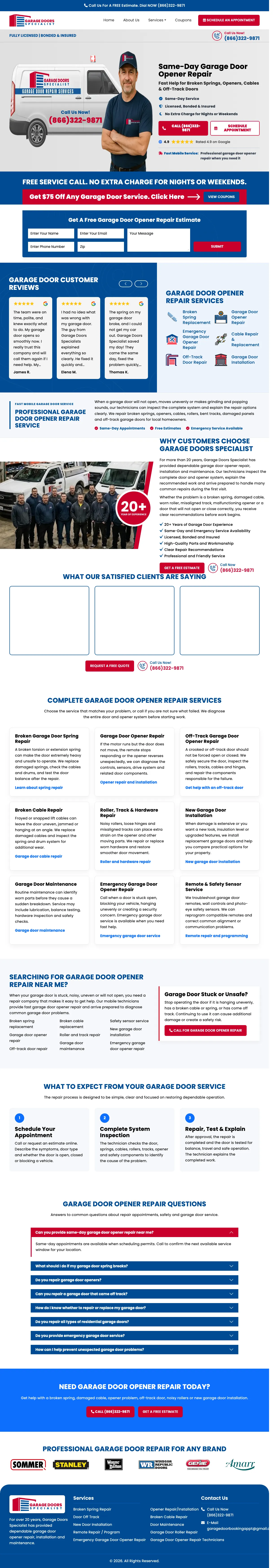 Garage Door landing page example from garagedoorsspecialist.com