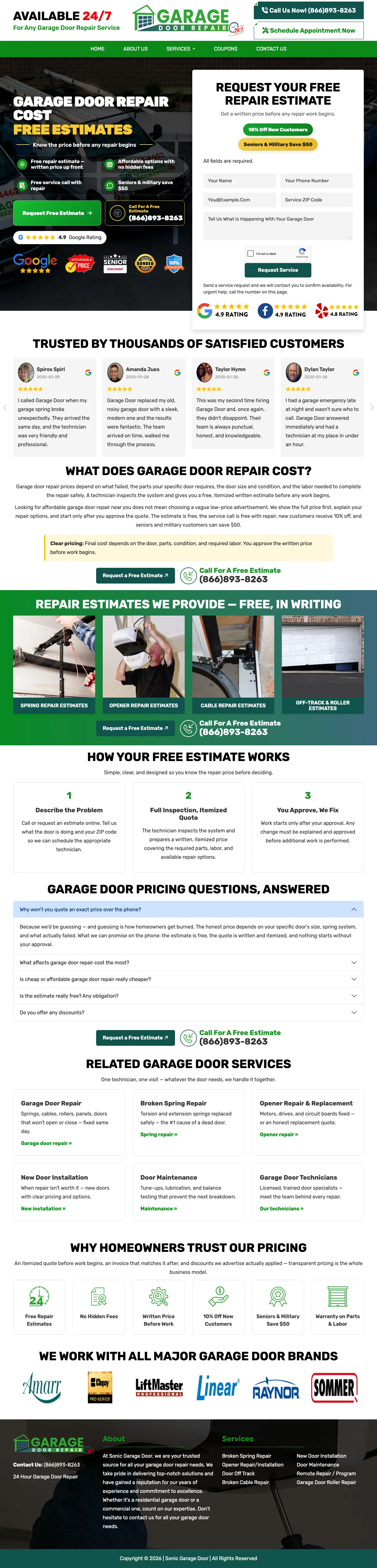 Garage Door landing page example from sonicgaragedoorinc.com
