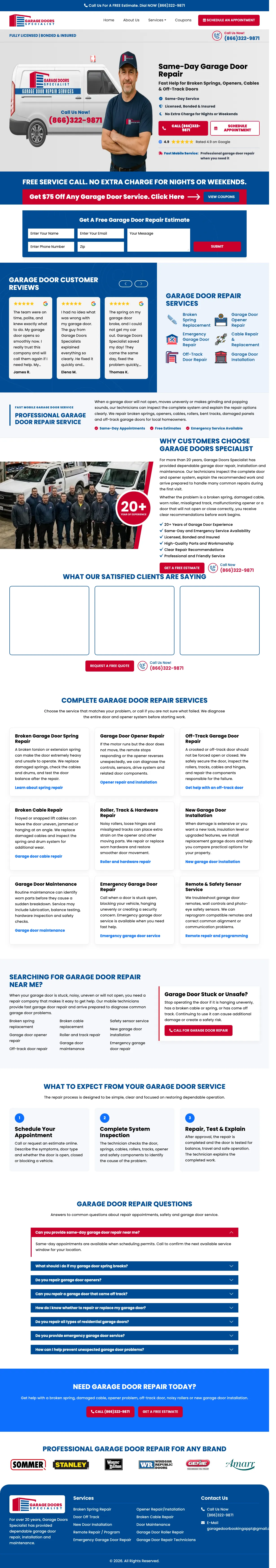 Garage Door landing page example from garagedoorsspecialist.com