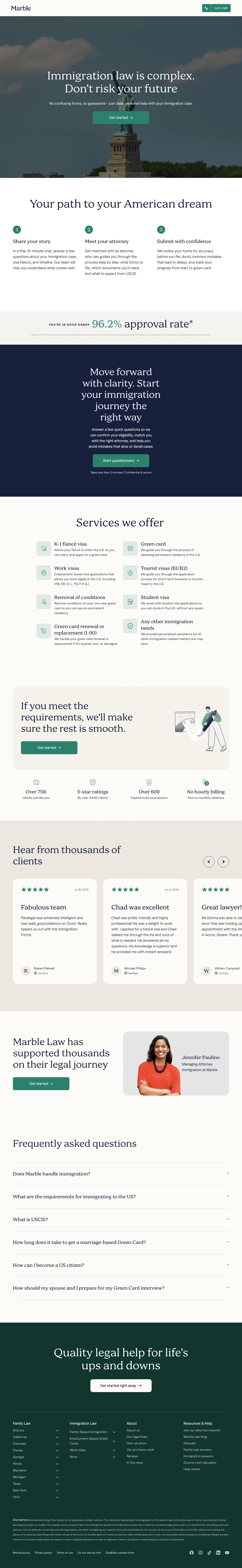 Immigration Law landing page example from marble.co