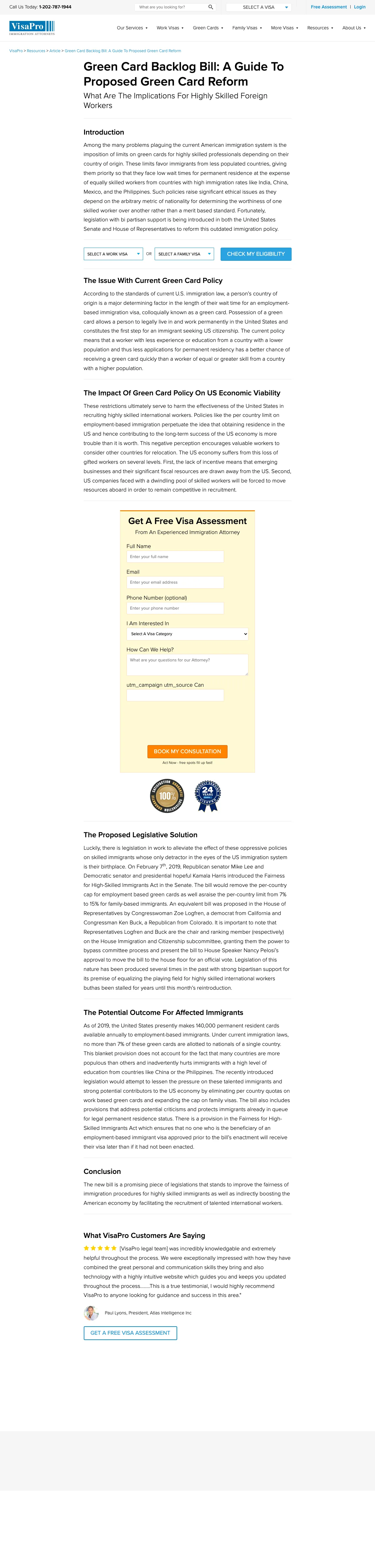 Immigration Law landing page example from visapro.com