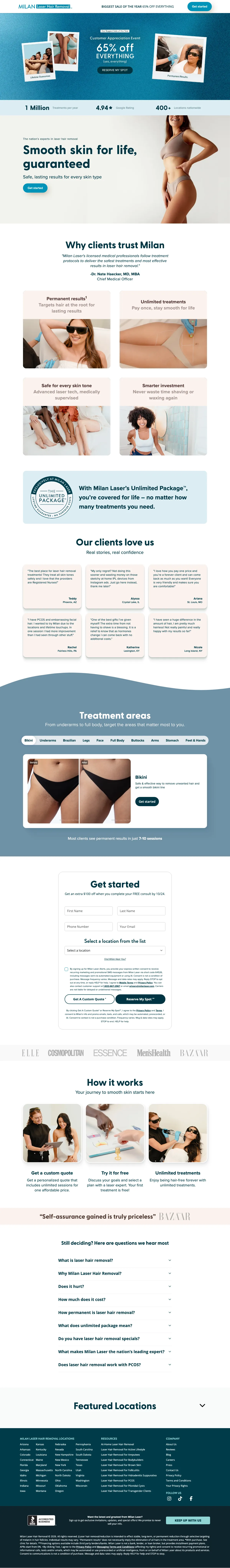 Med spas landing page example from milanlaser.com