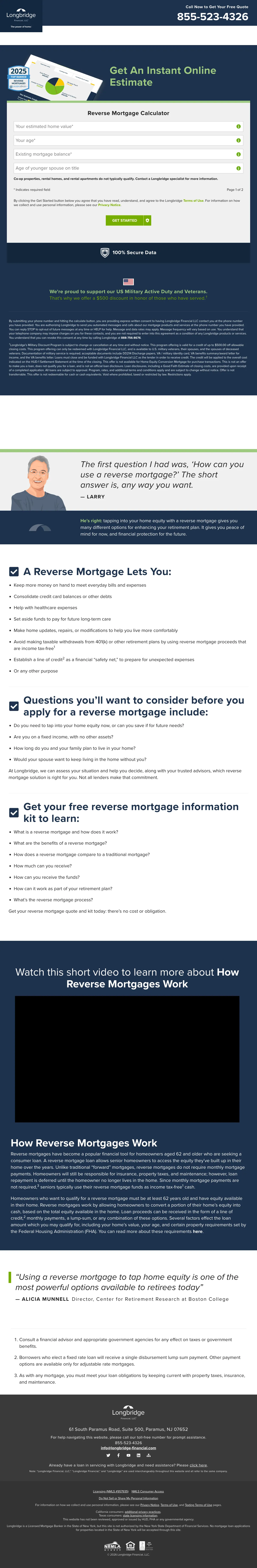 Mortgage landing page example from longbridge-financial.com