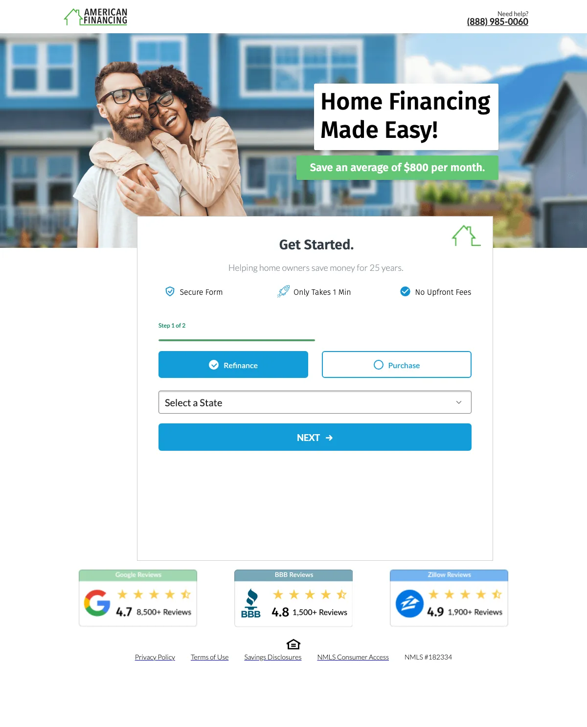Mortgage landing page example from apply.americanfinancing.net