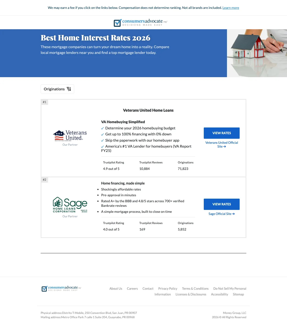 Mortgage landing page example from consumersadvocate.org