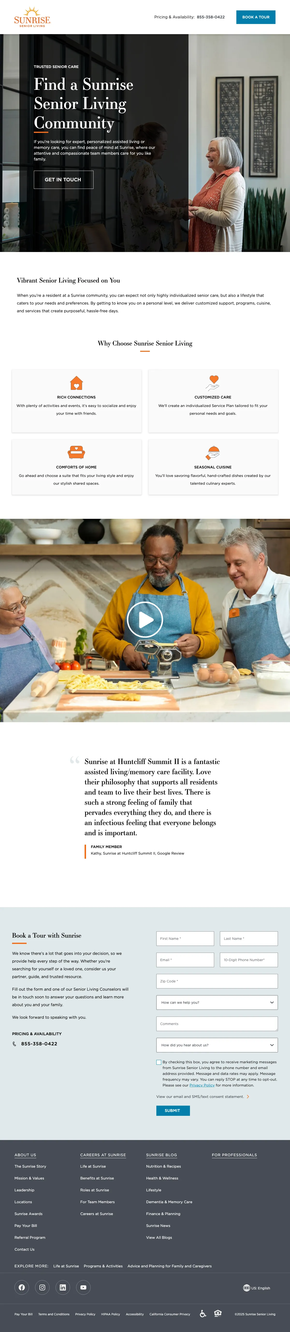 Senior Living landing page example from sunriseseniorliving.com