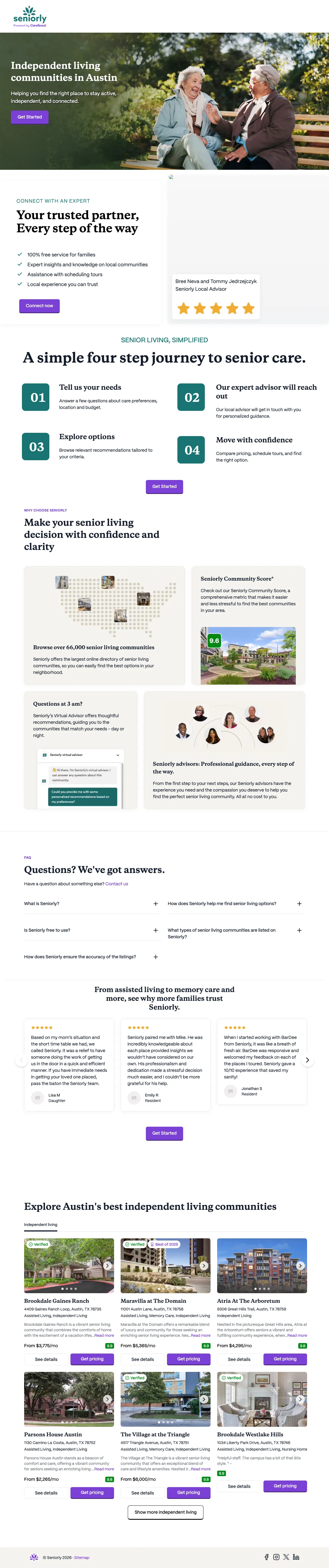 Senior Living landing page example from seniorly.com
