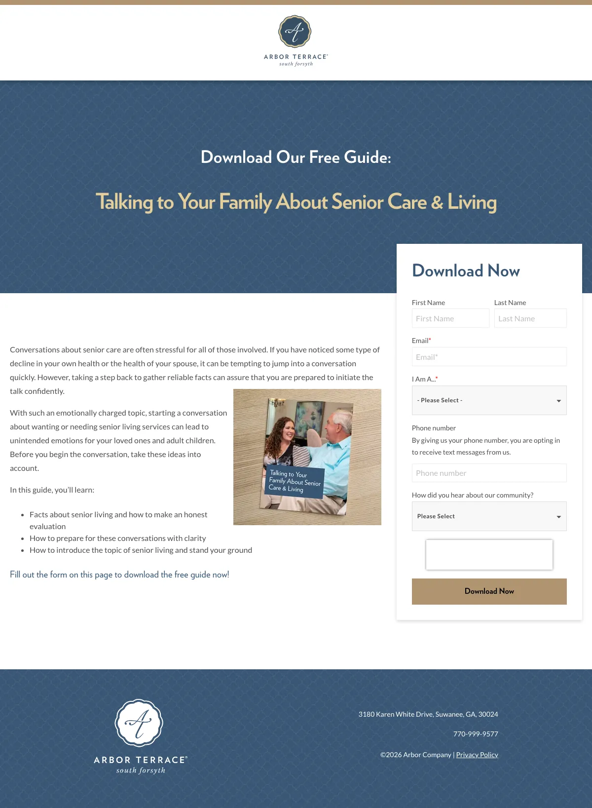 Senior Living landing page example from arborcompany.com